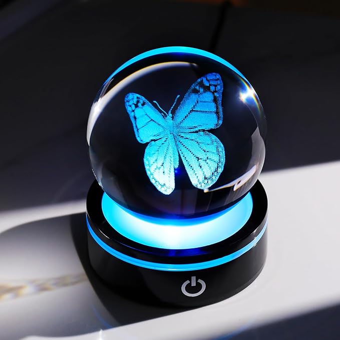 YWHL 3D Crystal Ball Butterfly Figurine with Colorful LED Base, Butterfly Gifts for Women Men on Christmas Birthday, Butterflies Ornament Glass Sphere Decorative Ball for Home Decor (80mm)