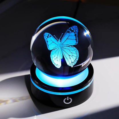 YWHL 3D Crystal Ball Butterfly Figurine with Colorful LED Base, Butterfly Gifts for Women Men on Christmas Birthday, Butterflies Ornament Glass Sphere Decorative Ball for Home Decor (80mm)