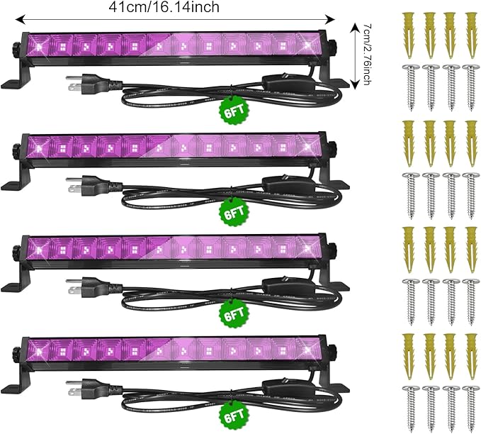 Upgraded 4 Pack 40W LED Black Light Bar,Blacklight with Plug+Switch+6.5ft Cord,Black Lights Party Supplies for Halloween Glow Fluorescent Party Bedroom Game Room Body Paint Stage Lighting