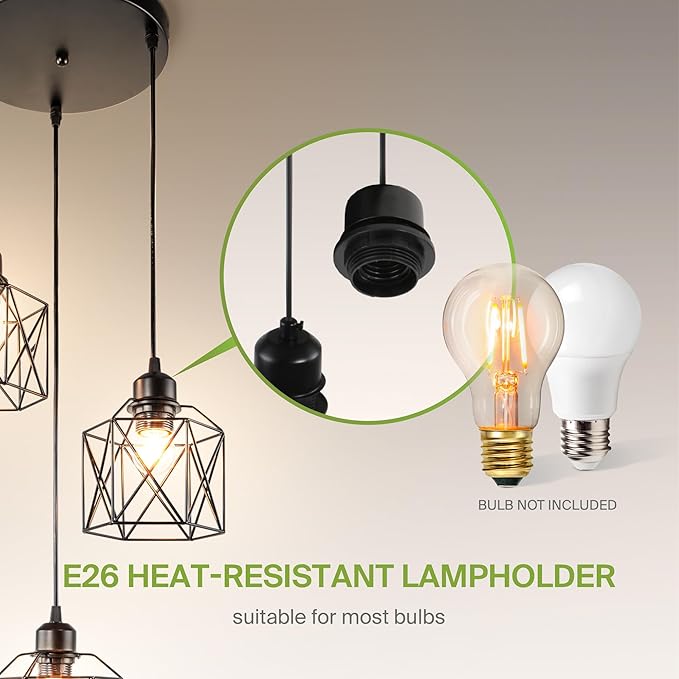 ASD Black Pendant Light Fixture - 3xE26 120V ETL Modern Pendant Lights Kitchen Island, Industrial Hallway, Living Room, Kitchen Island Lighting, Hanging Dining Room Light Fixtures Over Table