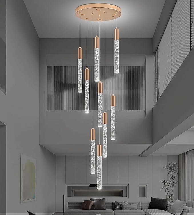 Modern High Ceiling Crystal Chandelier 9-Lights, Gold Spiral LED Raindrop Foyer Pendant Lighting, Bubble Staircase Living Room Hanging Light Fixture Flush Mount