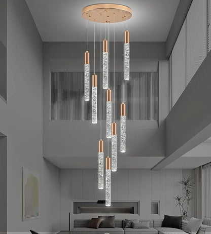 Modern High Ceiling Crystal Chandelier 9-Lights, Gold Spiral LED Raindrop Foyer Pendant Lighting, Bubble Staircase Living Room Hanging Light Fixture Flush Mount