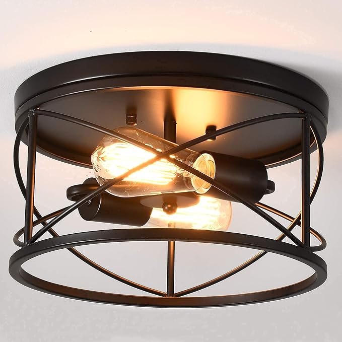 2-Light Flush Mount Black Ceiling Light Fixture, Farmhouse Vintage Industrial Metal Cage, Dimmable for Hallway Kitchen Bedroom Living Room Laundry Utility Room Closet Bathroom Entryway Office