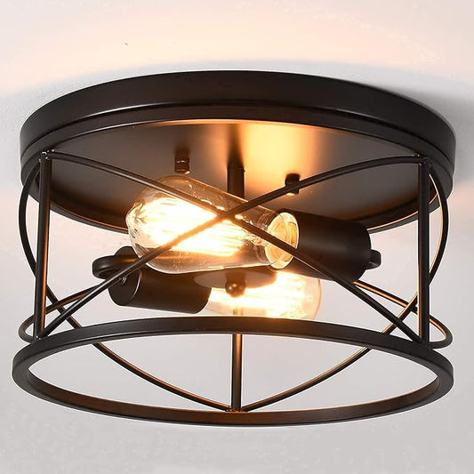 2-Light Flush Mount Black Ceiling Light Fixture, Farmhouse Vintage Industrial Metal Cage, Dimmable for Hallway Kitchen Bedroom Living Room Laundry Utility Room Closet Bathroom Entryway Office