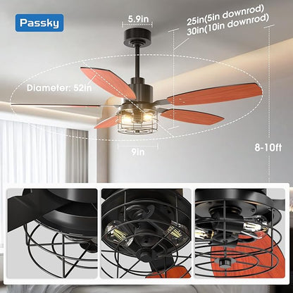 Passky Ceiling Fans with Lights, 52 inch Farmhouse Ceiling Fan with Light and Remote Control, 6 Speeds, Reversible, Noiseless, Dual Finish Blades, Black Caged Ceiling Fan for Bedroom, Living Room