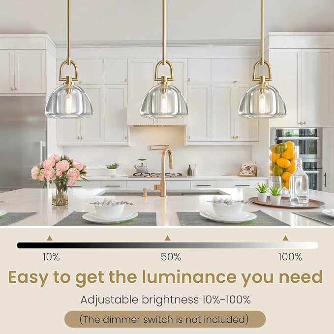 2 PCS of K9 Crystal Pendant Light with Brass Rod,7" Dimmable Contemporary Hemispher Light Above Dining Table,Modern Ceiling Hanging Lighting for Bedroom E12 Bulbs Included