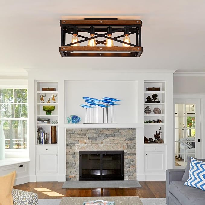4-Light Large Rustic Farmhouse Wood Flush Mount Ceiling Light Fixture 23.6 inch Oak Wood and Metal Rectangular Track Semi Flush Mount Ceiling Light for Kitchen Living Room Bedroom Indoor, Black