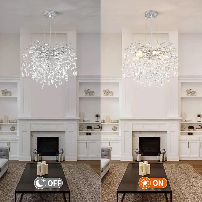 EGM 18-Inch Silver Crystal Chandeliers for Dining Room, Modern Crystal Chandelier for Bedroom, 6-Light Silver Tree Branch Chandelier for Living Room, Raindrop Leaf Chandeliers for Home Décor, E12