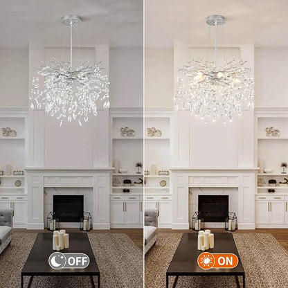 EGM 18-Inch Silver Crystal Chandeliers for Dining Room, Modern Crystal Chandelier for Bedroom, 6-Light Silver Tree Branch Chandelier for Living Room, Raindrop Leaf Chandeliers for Home Décor, E12