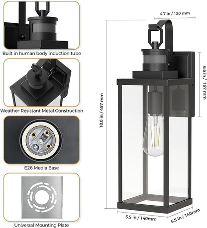 DORESshop Large Size Motion Sensor Outdoor Wall Lights, 18 Inch Matte Black Waterproof Anti-Rust Outdoor Light Fixtures Wall Mount with Clear Glass Shade for Porch, Garage, ETL Listed, 2 Pack