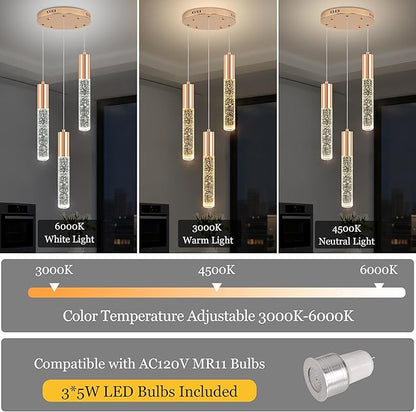 Modern Crystal Chandelier for Kitchen Island 3-Lights, Elegant Gold LED Bubble Pendant Lighting Fixture for Dining Room Bedroom Entryway