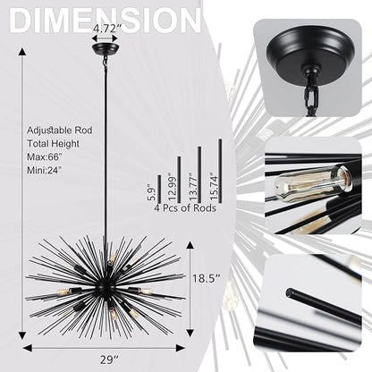 29" Vintage Black Sputnik Chandelier 9-Lights Large Starburst Chandelier with Adjust Rod Rustic Solid Metal Sputnik Satellite Chandeliers for Dining Room, Kitchen, Living Room, Foyer, E12