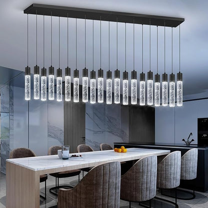 20-Lights Modern Crystal Rectangular Chandeliers LED Pendant Light for Kitchen Island High Ceiling Chandelier for Dining Room Entrance Foyer Living Room Black