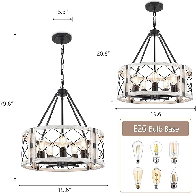 5-Light Farmhouse Chandelier 19.8" White Rustic Chandelier for Dining Room Adjustable Pendant Light Fixture for Kitchen Island Entryway Bedroom Hallway