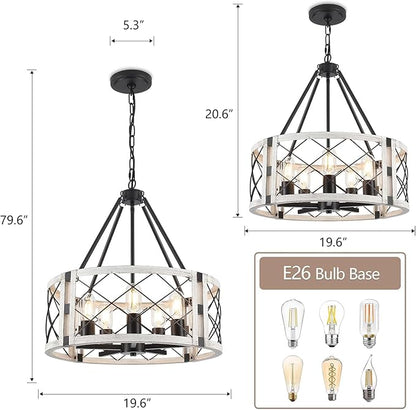 5-Light Farmhouse Chandelier 19.8" White Rustic Chandelier for Dining Room Adjustable Pendant Light Fixture for Kitchen Island Entryway Bedroom Hallway