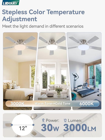 42 Inch Ceiling Fan with Lights and Remote, 30W 12" LED Panel Flush Mount Ceiling Fan, 6-Speed Quiet DC Motor Modern Low Profile Ceiling Fan with Reversible Blades for Bedroom, Living Room, Patio