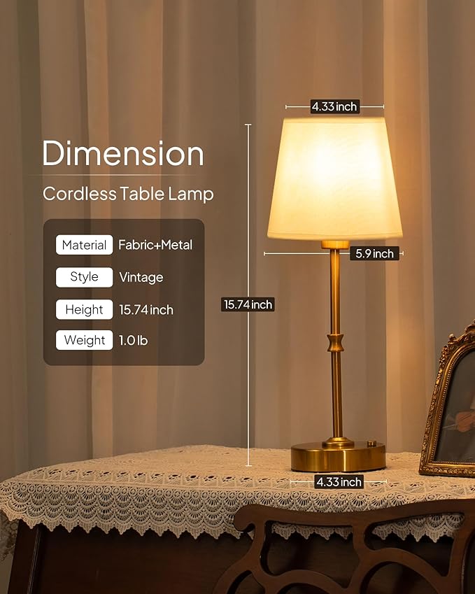 EppieBasic Cordless Table Lamp Rechargeable: Fast Charging & Long Lasting - 2700K Warm Light Samll Vintage Gold Lamps for Women Housewife - Dinning Living Room Bedroom