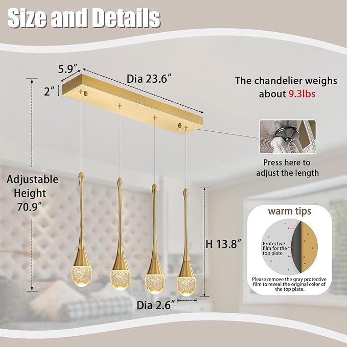 ykolupty Dining Room Light Fixture 4-Light Gold Kitchen Island Lighting Industrial Linear Crystal Chandeliers for Dining Room Pendant Light Fixture for Living Room Hallway Bedroom