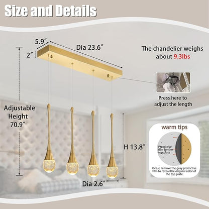 ykolupty Dining Room Light Fixture 4-Light Gold Kitchen Island Lighting Industrial Linear Crystal Chandeliers for Dining Room Pendant Light Fixture for Living Room Hallway Bedroom