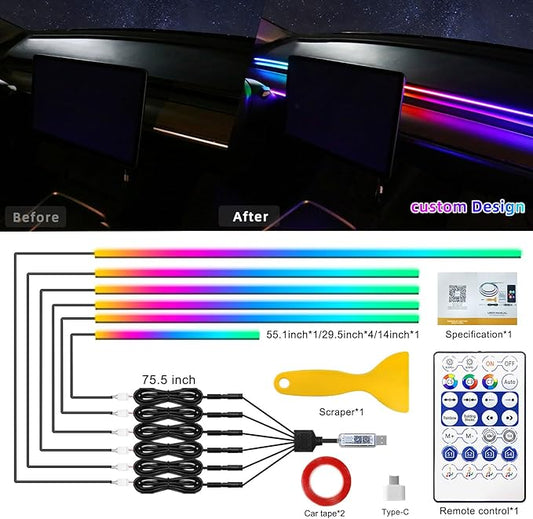 Dreamcolor Acrylic Interior Car LED Strip Light with USB/Type C, RGB 6 in 1 with 187 inches 650 LEDs Strip, Dynamic Chasing Music Sync Neon Ambient Lighting Kits