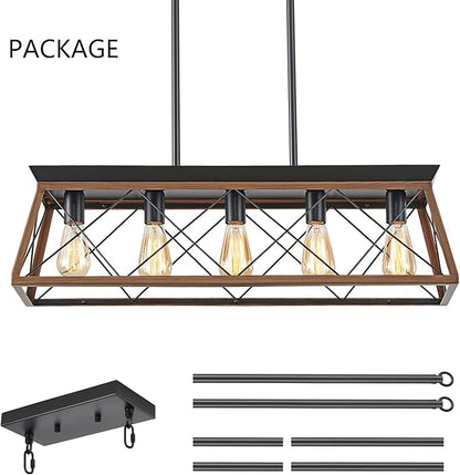 5-Light Dining Room Chandelier Over Table, Farmhouse Kitchen Island Lighting, Adjustable Height Chandeliers for Kitchen, Dining Room Table Walnut
