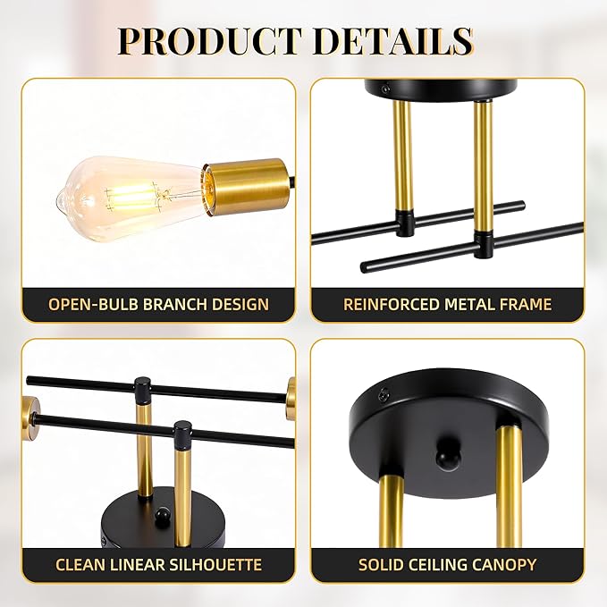 Modern Sputnik Chandelier Ceiling Light Fixtures, 2-Lights Mid Century Industrial Metal Semi Flush Mount for Dining Room, Bedroom, Living Room-Black and Gold