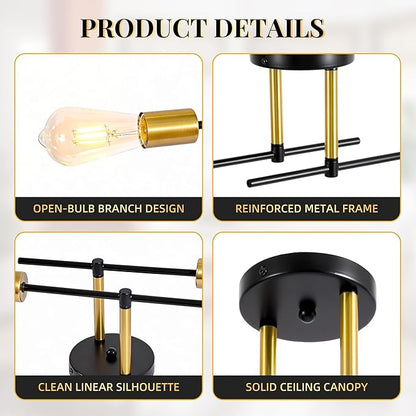 Modern Sputnik Chandelier Ceiling Light Fixtures, 2-Lights Mid Century Industrial Metal Semi Flush Mount for Dining Room, Bedroom, Living Room-Black and Gold