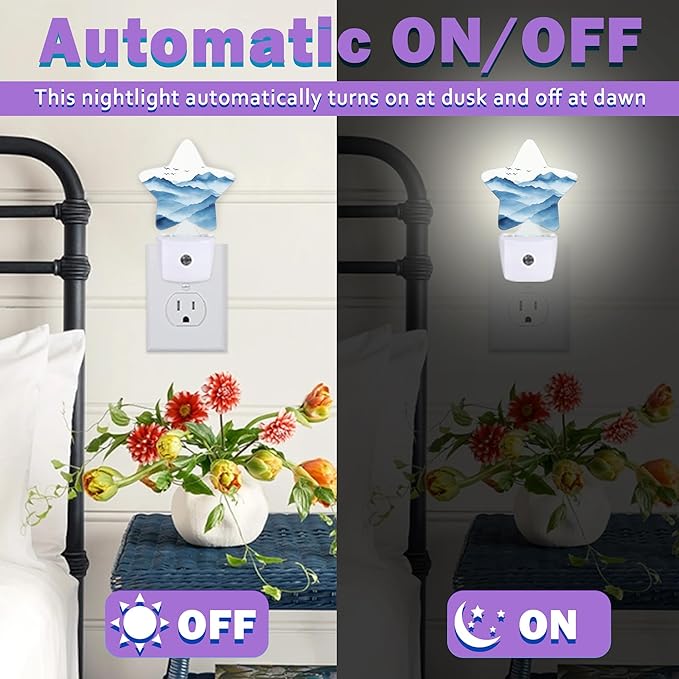 Night Lights Plug Into Wall Decorative,Watercolor Mountain Nightlights for Kids Bedroom, Blue Energy Efficient Dusk-to-Dawn Sensor Sleep Friendly Lamp for Nursery Bathroom