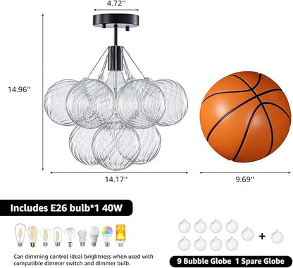 GoYeel Flush Mount Ceiling Light 14.17"-Mid Century Modern Chandelier Lighting Black Globe Bubble Chandeliers 1 Light with 9 Clear Swirled Glass Ball Lighting for Dining Room,Include E26 Blub