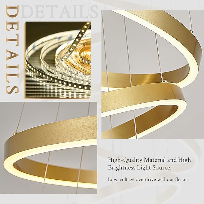 Gold Modern LED Chandeliers 5 Rings Chandelier for High Ceiling 31" Large Foyer Chandelier Entryway Dimmable Pendant Light Fixture for Living Room Staircase, 3000K-6500K
