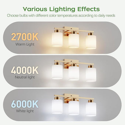 PARTPHONER 3-Light Brushed Gold Bathroom Light Fixtures, Modern Vanity Light Over Mirror Lighting, Wall Sconce with Frosted Milky White Glass Shades for Bedroom Living Room Kitchen Hallway