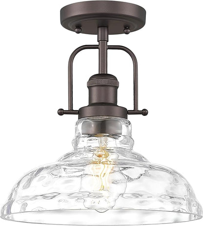FEMILA 11" Farmhouse Flush Mount Ceiling Light Fixture, Semi Flush Kitchen and Bedroom Ceiling Light with Water Ripple Glass Shade, Oil Rubbed Bronze, Rustic Industrial Lighting, 4FY09-F ORB-WG