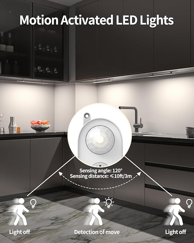 Motion Sensor Dimmable Under Cabinet Lighting, 4500K Daylight, Plug-in, Linkable LED Closet Light Bars, 12-inch 2 Pack