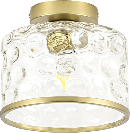Zlepmlla Gold Flush Mount Ceiling Light with Clear Hammered Glass lampshade, Farmhouse Ceiling Lights Fixture in Satin Brass for Kitchen Bathroom, Bulb not Included