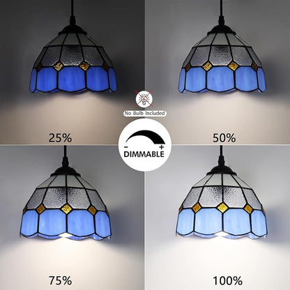 HuisMier Tiffany Style Plug in Pendant Light, Dimmable Small Hanging Lights with 15 Ft Plug in Cord, Vintage Stained Glass Swag Lamp for Dining Room Bedroom Living Room Porch, 7.9" Width