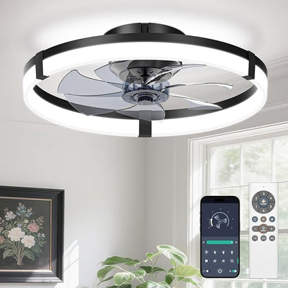 VOLISUN Low Profile Ceiling Fans with Lights and Remote, 19.7in Flush Mount Ceiling Fans with Light, 3000K-6500K Dimmable Fandelier Ceiling Fan, Bladeless Ceiling Fan for Bedroom(Black)