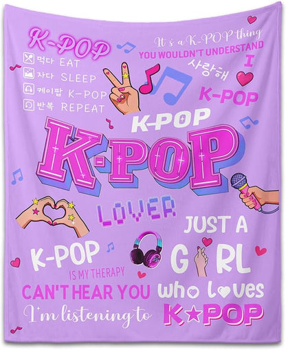 Kpop Gifts Blanket for Teen Girls - Music Gifts for Women Friends K-Pop Fans Lovers, Kpop Merch Stuff, Christmas Birthday Gifts for BFF Girls Women, Just A Girl Who Loves K-pop Blanket 80''x60''