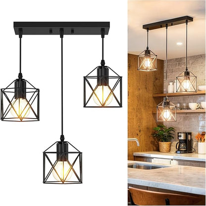 3 Light Pendant Lighting, Farmhouse Hanging Light Fixture for Kitchen Island & Dining Room, Industrial Vintage Ceiling Lamp with E26 Base, Adjustable Height, Matte Black
