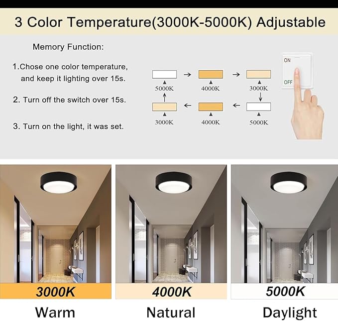 Black Flush Mount Ceiling Light, 12 Inch LED Metal Light Fixture, 3000K 4000K 5000K Dimmable Modern Lighting Fixture Ceiling for Bedroom Hallway Kitchen Bathroom