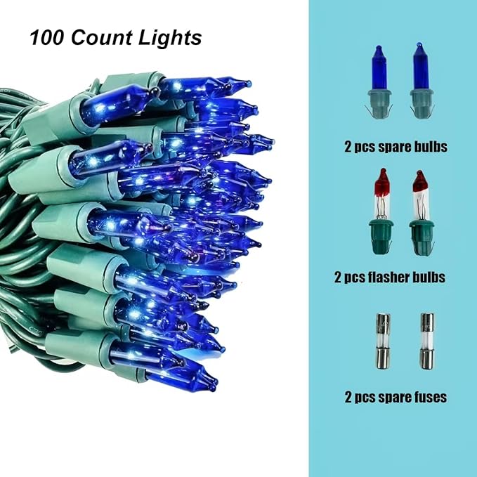 Christmas Lights 100 Counts,26.5 Feet Indoor Outdoor,Green Wire Connectable of Lighting String Blue,Decorations for Holiday, Party,Festival,Christmas String Lights (Green-Blue)