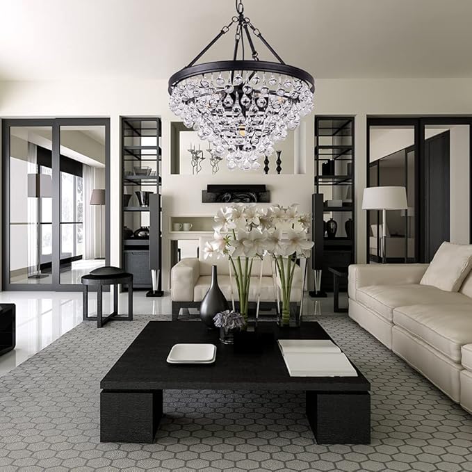Wellmet Modern Crystal Chandeliers, 6 Lights Black Chandeliers for Dining Room, Farmhouse Ceiling Light Fixture for Foyer, Bedroom, Living Room, Entryway, Kitchen Island, 20”Dia