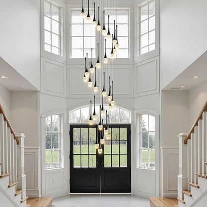 Raindrop Crystal Chandelier High Ceiling: 30 Lights Black Dimmable LED With Remote Control - Large Long Modern Bubble Hanging Teardrop Spiral Chandeliers for Living Room Staircase Entryway Foyer