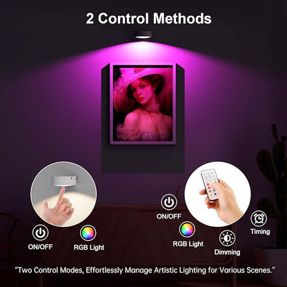 3 Pack Picture Lights for Wall, 13 RGB Color Rechargeable Battery Operated wall lights, Picture Frame lights with 3 Lighting Modes, Wireless Magnetic Painting Light with Remote Control Timer, (White)