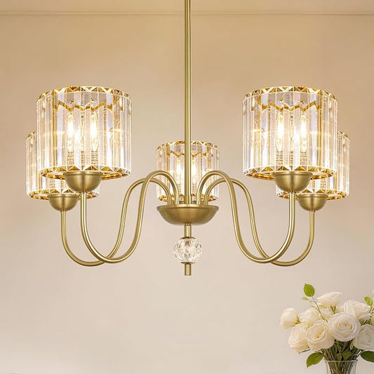 Lxybcce 27'' Gold Chandeliers for Dining Room, 5 Light Modern Chandelier Light Fixture with Crystal Shade, Chandelier Ceiling Light Fixture, Kitchen Pendant Lights Over Table for Living Room Entryway