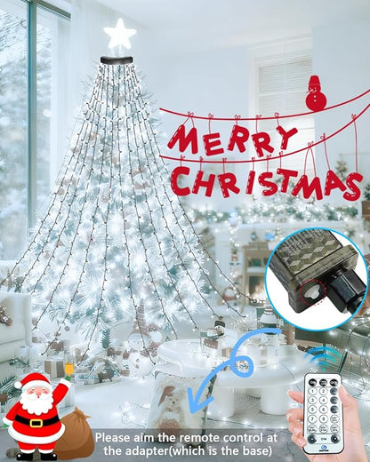 2025 New Christmas Tree Lights Indoor with Voice Control & Remote | 448LED Waterfall Tree Topper Lights with 12 Modes & Timer, 7FT x 16 Lines Cascading Twinkle Lights for 7FT Xmas Decor(Cool White)