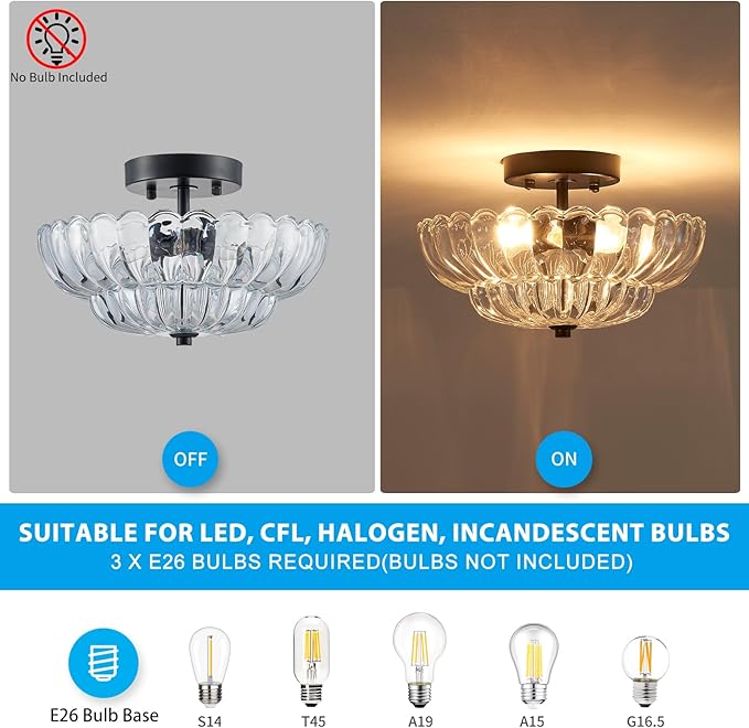 XINGQI 11.8" Semi Flush Mount Ceiling Light Fixture Modern Black 3-Light Scalloped Glass Close to Ceiling Lighting for Living Room Entryway Bedroom Closet Hallway (Bulb Not Included)