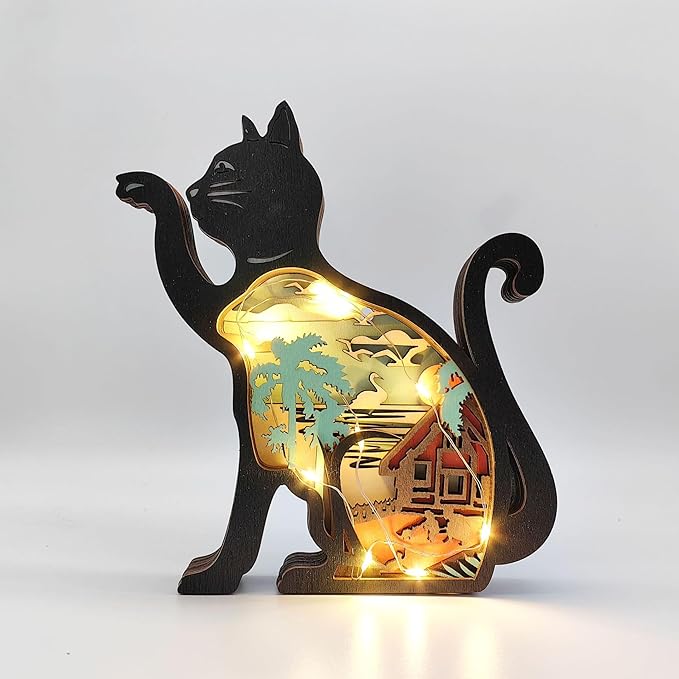 Drawelry 3D Wooden Carving Animals Lamp - Creative Fox Squirrel Wood Carved LED Night Light Garden Yard Wooden Animals Sculpture Ornaments Desktop Home Decor Birthday Gifts for Family Friend (Cat)