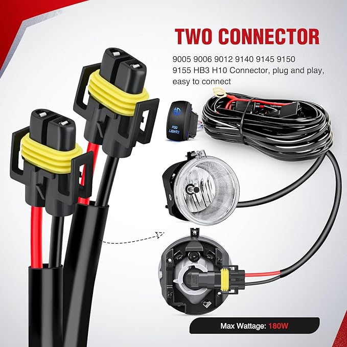 Nilight 16AWG Heavy Duty Wiring Harness Kit - 12V 5PIN Rocker Switch Relay Blade Fuse Socket Connector - Compatible with 9005 9006 9140 9145 HB3 H10 Fog Light Bulbs