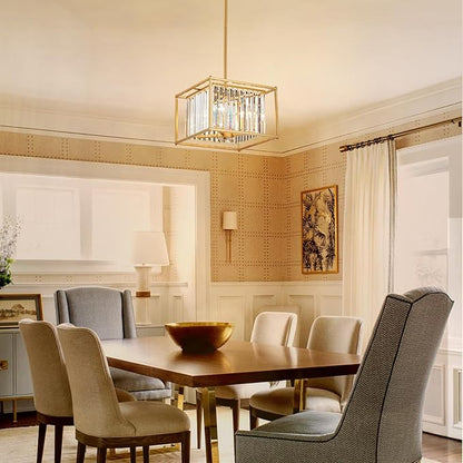 Square Crystal Small Mini Chandeliers 4-Light Gold Pendant Dining Room Light Fixture 13" Modern Farmhouse Adjustable Hanging Ceiling Lamps for Bedroom Entryway Hallway Pool Table