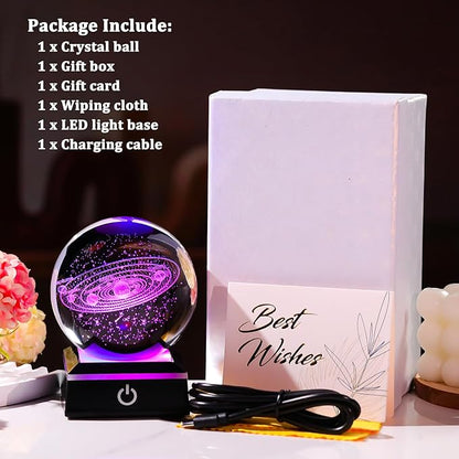 Arikyrist 3D Solar System Crystal Ball 80mm with Light Base, Laser Engraved Space Universe Astronomy Gifts for Women Men Teens Boys and Girls, Glass Planet Solar System Model Sphere Night Light Decor